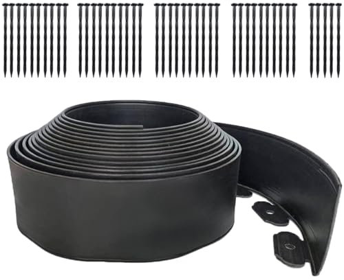 49FT Landscape Edging, 4 in Tall Garden Edging Borders with 75 Spikes,Flexible No Dig Lawn Edging Plastic Borders for Garden, Flower Beds, Pavement-Black