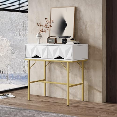 LERFAN Table console moderne et élégante avec design creux géométrique et tiroir tridimensionnel pour entrée et salon 80 x 40 x 80 cm (l x P x H) - Blanc + doré