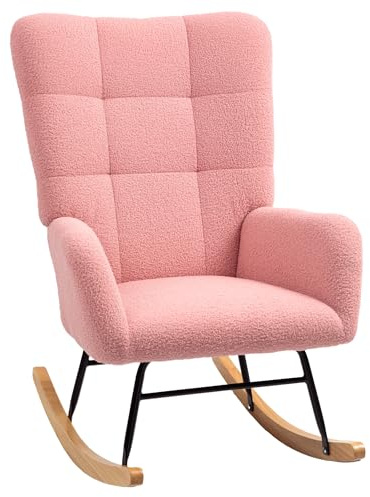 HOMCOM Schaukelstuhl, Schaukelsessel mit Armlehne, Teddysamt-Optik, Relaxsessel mit Holzkufen, Schwingsessel Stillsessel für Schlafzimmer, Wohnzimmer, Rosa