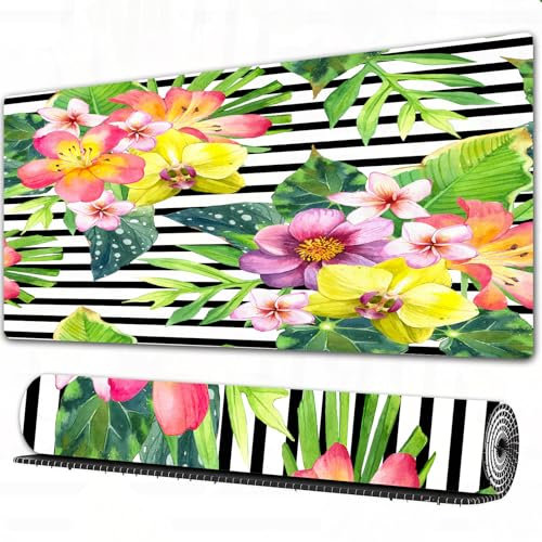 FEHWI Grand Tapis de Souris de Jeu avec Bords surpiqués et Dos antidérapant,sous-Main pour Clavier et Souris,Bouquet de lys, Dahlia, Palmier, Feuilles de bégonia, Fleurs d'orchidées sur Fond,90×40 cm