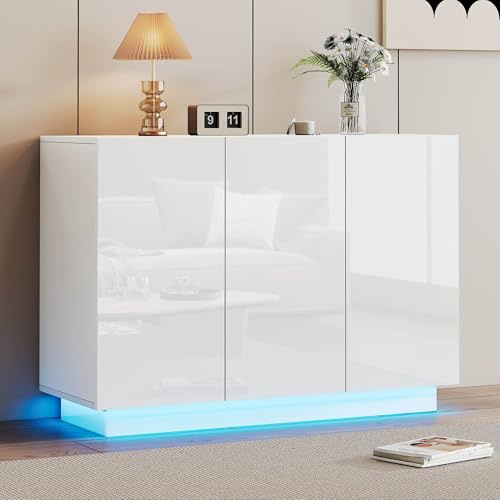 Sweiko Meuble de Rangement Moderne 120x40x75 cm avec Portes Laquées Blanches, Éclairage LED Intégré, Meuble de Salon Polyvalent pour Cuisine, Chambre ou Bureau