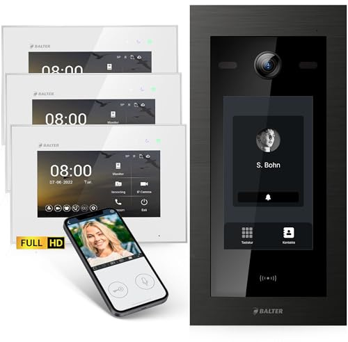 Balter EVO-HD Video Türsprechanlage mit Touchscreen Türstation, Video Türklingel, Smartphone App, 1 Familienhaus, 3X 7 Zoll Monitore, Türklingel mit Kamera Full HD, 2 Draht Bus, 175° Weitwinkel, RFID