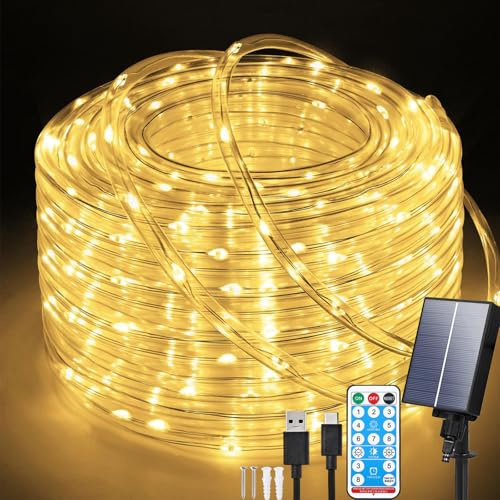 Aofonchy Solare Catena Luminosa Esterno, 20M 200LEDs Impermeabili Luci di Tubo Solari con 8 Modi & Telecomando, USB Luci a Corda Solari, Luminosa Tubo per Giardini Patio Case Natalizie Festa