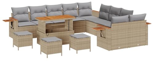 vidaXL 14-teiliges Garten-Sofa-Set mit Kissen in Beige aus Poly Rattan und Akazienholz | Modulare Outdoor-Sitzmöbel, UV-beständig, perfekt für 5 Personen, stilvolles Lounge-Set für die Terrasse