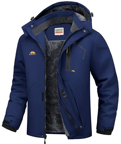 WULFUL Men's Ski Jackets Warm Winter Snow Windbreaker Resistant Snowboard Fleece Coat Mountain Waterproof Parka with Hood Navy Large