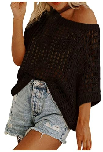 2025 - Maglione estivo da donna, a maniche corte, stile casual, lavorato all'uncinetto, top in maglia traforata, Nero , XL