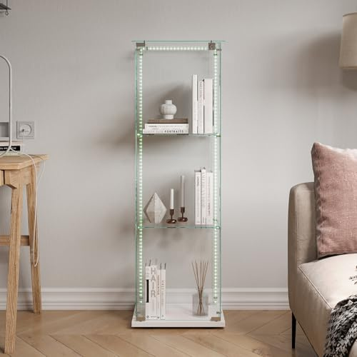 Teahutty Glasvitrine mit 4 Regalen, LED Aufbewahrungsschrank aus Glas auf Fuß, Glasschrank mit 1Türen und Schloss, für Schlafzimmer, Hartglas (Weiß, 1Tür+4Etagen+Lichtleiste)