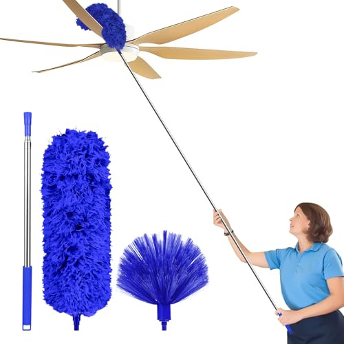 Fogray Extendable Feather Duster with Extension Pole & Magnet Cleaner Brush | 3Pcs Dust Magnet Cleaner Brush Pole Supplies, Cobweb Roof High Ceiling Fan Blinds Cars, Blue