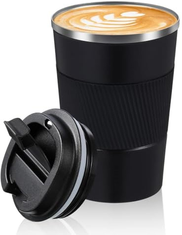 KOMUNJ Travel Mug Reusable Coffee Cups, 380ml Thermal Insulated Vacuum Insulation Stainless Steel Bottle, for Hot and Cold Water Coffee and Tea Black