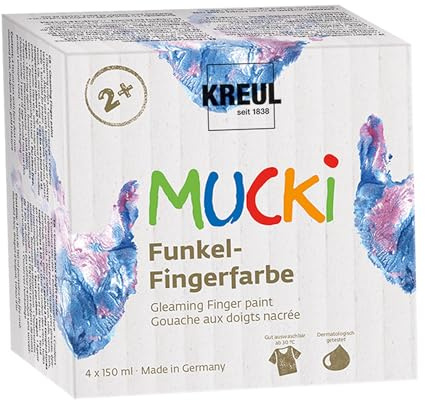 KREUL 2318 - MUCKI Funkel-Fingerfarbe, 4 x 150 ml in Rosa, Blau, Silber und Gold, auf Wasserbasis, schimmernde Fingermalfarben für Kinder ab 2 Jahren