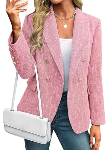 Women’s Plaid Tweed Blazer Casual Long Sleeve Open Front Jacket Double Breasted Work Blazer Trendy Business Casual Coat Light Pink Medium