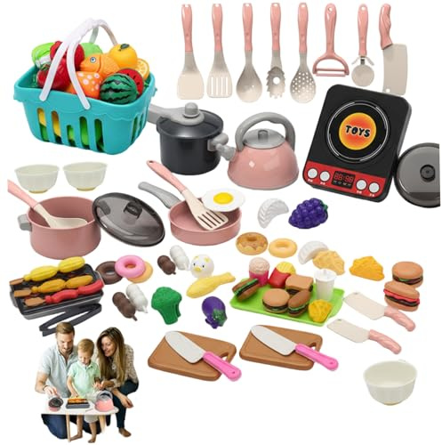 Tsawntd 91-teiliges Spielküchen-Zubehör, schneidbares Spiellebensmittel-Set mit Töpfen und Pfannen, Rollenspiel-Küchenzubehör für Jungen und Mädchen als Geschenke