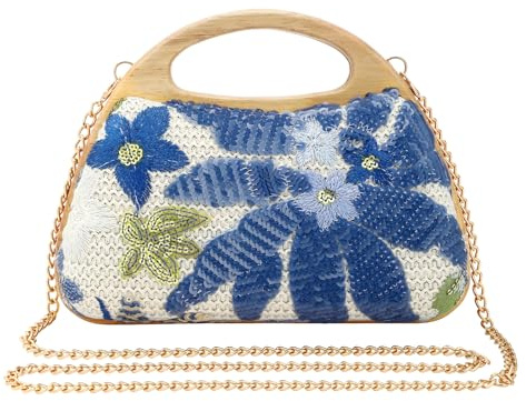 wocharm Straw Crossbody Bag for Women Summer Clutch Purse Wooden Handle Evening Handbag for Wedding Party
