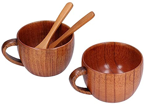 Boccale da birra in legno fatto a mano, tazza da caffè al latte antica con cucchiaio, tazza da bere in legno di giuggiola naturale per birra, tè e caffè, regalo perfetto per la