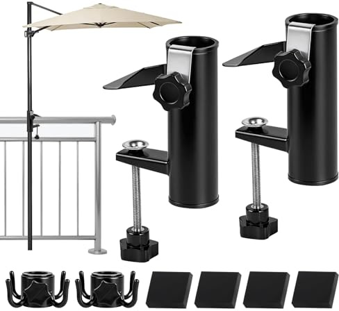 DBREAKS 2Pcs Support de Parasol pour Balcon, Pied de Parasol Réglable, Noir | Support de Parasol avec Accroche & Bloc en Caoutchouc, Attache Parasolbalcon pour Balustrade de Balcon, Jardin, Terrasse