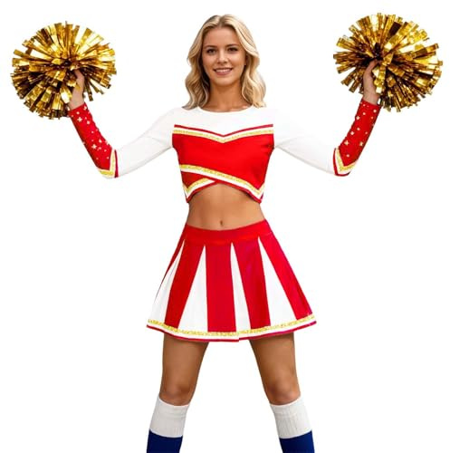 Karneval Kostüm Damen Cheerleading Uniform High School Cheerleader Rock und Langarm Schule Tanzshirt Kurz Bauchfrei Crop Top Set Faschingskostüme Oberteil Mini Faltenrock