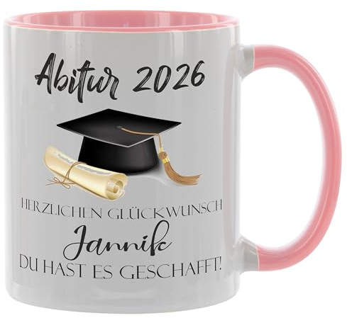 Crealuxe Kaffeetasse - Abitur 2026 - Du hast es geschafft - Spruchtasse, Bürotasse, bedruckte Keramiktasse, Tasse mit Spruch, Geschenk zum Abitur (Rosa)