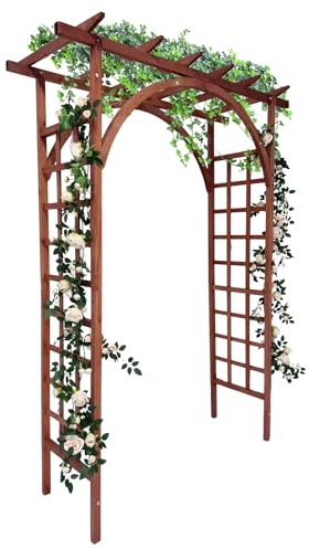 Crevyteg Arche de Jardin en Bois de Sapin Solide – Treillis pour Plantes grimpantes – Parfait pour Mariage, Patio, pelouse, arrière-Cour – Finition Teck, Plat & arqué, Couleur Teck