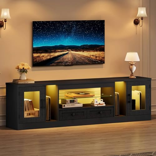Concho 180 CM LED TV Unit, Black TV Stand Cabinet for 70 Inch TVs, Gaming Entertainment Center with 8 Storage, Modern TV Unit for Living Room Bedroom, Black Carbon Fiber
