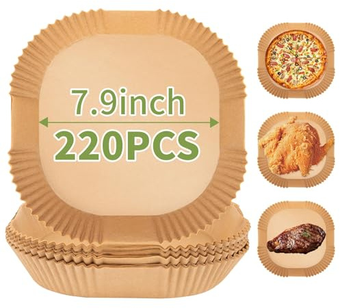 Fogli per Friggitrice ad Aria 20 cm Quadrati, 220 Pezzi, Carta Forno Antiaderente e Impermeabile, Monouso, Accessori Air Fryer