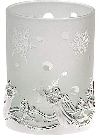 weißer Glas-Teelichthalter Ø 7.5 cm - Tisch-Halter für 1 Teelicht oder Stumpenkerze - versilberter Fuß - Deko-Windlicht Engel Motiv - ideal für Frühling, Herbst oder Winter