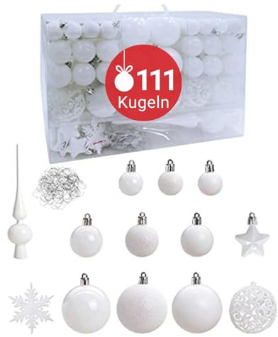 WOMA Christbaumkugeln Set Weiß & 19 weiteren Farben - 111er Weihnachtskugeln Set inkl. Metallhaken - Weihnachtskugeln Kunststoff - Weihnachtsbaum Deko & Christbaumschmuck