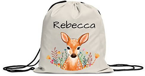 LOOXIS Personalisierter Turnbeutel für Kinder mit Namen & Motiv bedruckt – Kordelzug, Leinenhaptik – Geschenkidee Jungen, Mädchen, Einschulung, Sport, Spielzeugsack, Wechselkleidung – Reh