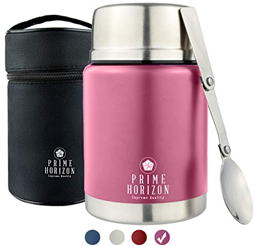 Prime Horizon Food Flask - 500ml Stainless Steel Vacuum Double Wall Jar with Folding Spoon, Leakproof and BPA Free. Free Insulated Travel Bag with Carabiner and Gift Box (Pink)
