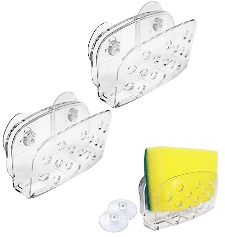2 Pack Sponge Holders with Suction, Kitchen Sink Dish Brush Sponge Caddy | Bathroom Accessory, Space Saving Countertop Organizer, Clear