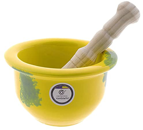 CERÁMICA RAMBLEÑA | Mortero Cocina | Mortero Cerámica | Mortero con maza | Mortero Amarillo rústico - Modelo 05 | 100% Decorado a Mano | 14.5x14.5x8.5 cm