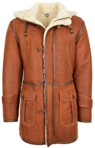 House Of Leather Mens Real Sheepskin Duffle Hooded Coat 3/4 Length Shearling Vincent (M, Whiskey)