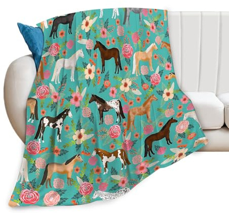 Horse Print Throw Blanket Horses and Flowers Pattern Blanket for Girls Kids Adults Super Warm Soft Cozy Plush Fleece Flannel Blanket for Sofa Couch Bed Birthday Gifts 40x50 1