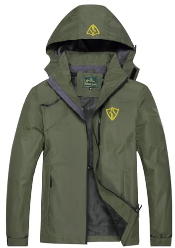 GIISAM Rain Jacket Mens Waterproof with Hood Lightweight Tactical Jacket for Men Windbreaker Jackets Softshell Green Rain Coats