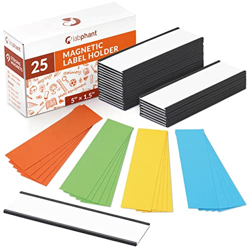25 Pack C Channel Magnetic Label Holders 5x1.5 with 50 White Card Inserts, 25 Clear Plastic Protectors and Bonus 20 Colorful Cardstock Inserts in Blue, Green, Yellow and Red - Double-Sided Cards