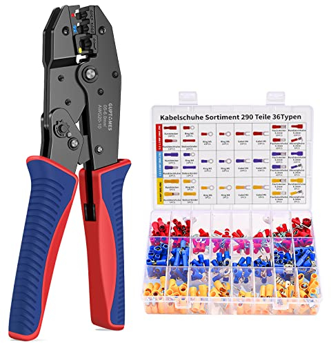 GUPTOMES Crimpzange, 36 Arten Kabelschuhe Set, Crimping Pliers, Crimpzangen-Aderendhülsen-Set with 290 Insulated Cable Lugs Tool Kit 0.5-6 mm² (AWG 20-10)