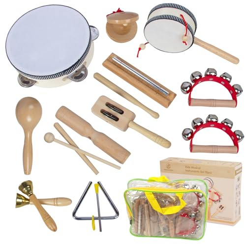 Wooden Musical Instruments Set for Toddlers 1-3, Natural Wood Percussion Instruments Xylophone Gift Set for Girls Boys Kids ,Preschool Educational Musical Toys with Storage Bag (Log Color)