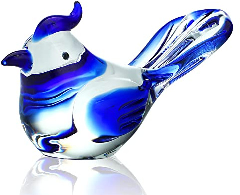 HDCRYSTALGIFTS 3.5inch Mini Blown Glass Bird Figurines Collectibles Handmade Glass Miniature Blue Jay Statue Ornament Home Table Decor Crystal Animal Paperweight Gift for Mom Women