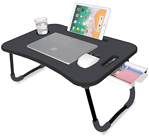 unycos - Vassoio per la Colazione e da Letto【60x40x26 cm】Tavolo Pieghevole con Leggio, Supporto Multifunzionale per Computer Portatile, Tablet, Lavorare, Leggere (Tutto Nero con Cassetto)