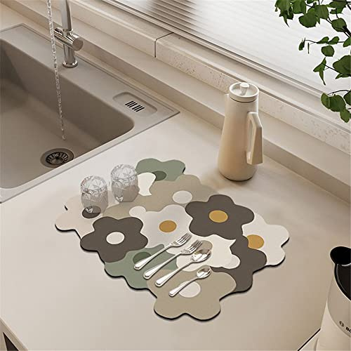Morbuy Abtropfmatte für Geschirr, Blumen Muster Kaffeemaschine Matte, Schnelltrocknend Saugfähig Trockenmatte, rutschfest Untersetzer für Küche, Café, Spüle und Bad (40x60cm,Khaki braune Blume)