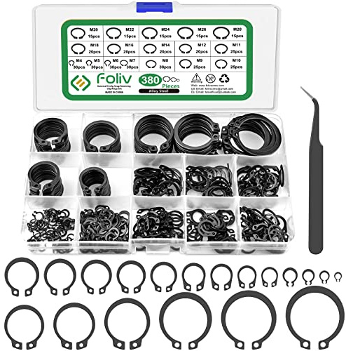 Foliv 380tlg Sprengring Sortiment Sicherungsring Set 17 Größe Kohlenstoffstahl E-Clip Externe Haltering Externes C-Clips Geteilte Schnallen Unterlegscheiben, M4-M28 mit Kunststoffbox