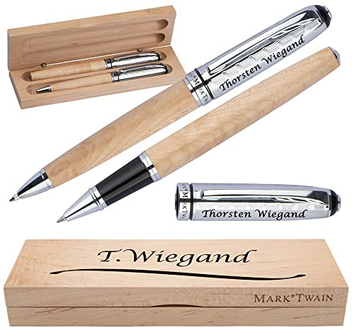 Mark Twain Schreibset aus Holz mit Box | Holzkorpus Drehkugelschreiber und Rollerball aus Metall mit Gravur | Großraummine blau schreibend | Box mit Wunschgravur | (Linie)