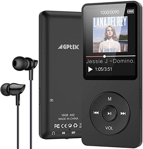 AGPTEK Lecteur MP3 16Go-Longue Autonomie jusqu'à 70 Heures de Lecteur de Musique avec Écran de 1.8 Pouces, Radio FM, Enregistrement, Mini Design, Ultra-Léger 30 g, Carte TF Jusqu’à 128Go-Noir