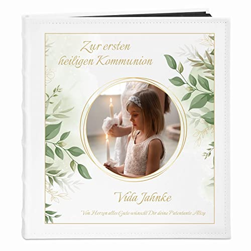Maverton Fotoalbum zum Selbstgestalten mit Aufdruck - für 240 Fotos 10x15-60 schwarze Seiten - Größe 33x30cm - Weiß - personalisierte Geschenke zur Kommunion für Mädchen und Jungen