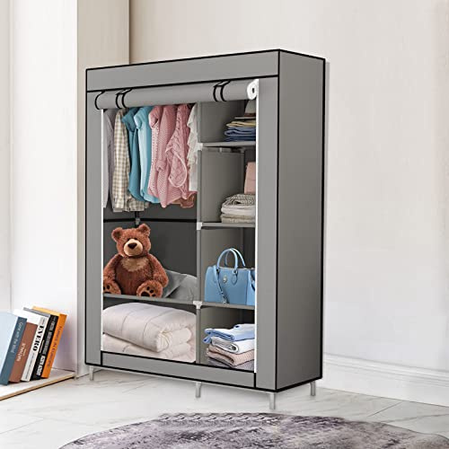 Armadio in Tessuto, Guardaroba, Appendiabiti, Ripiani Portaoggetti,con Asta per Abiti con Copertura, Capiente, per Borse, Giocattoli, Scarpe, Soggiorno, Camera da Letto, 105*45*170 cm - Grigio scuro