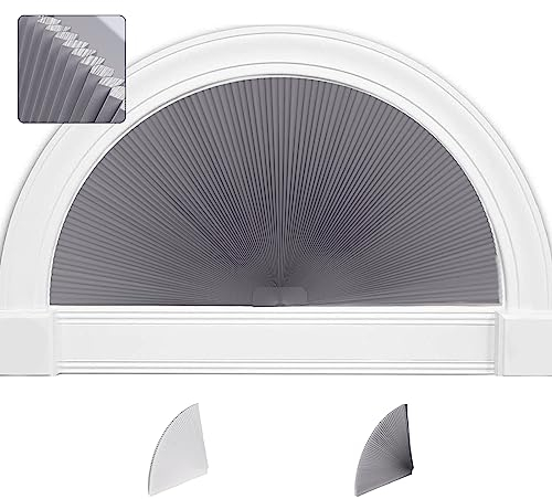 SEEYE Bogenfenster Verdunkelungsrollo, Plisseerollo (Radius: 91,4 cm) Halbrund-Jalousien, schnurlos, ohne Werkzeug, halbrunder Schirm, einfach zu schneiden und zu installieren, Dunkelgrau-Weiß