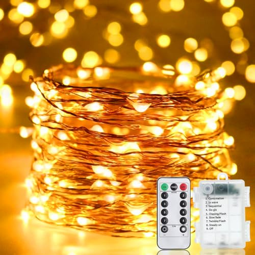 LED Lichterkette Batterie, 10M 100LEDs Außen Lichterketten Warmweiß Kupferdraht Batteriebetrieb Beleuchtung mit Fernbedienung 8 Modi Timer Wasserdicht für Innen Aussen Garten Terrasse Baum Weihnachten
