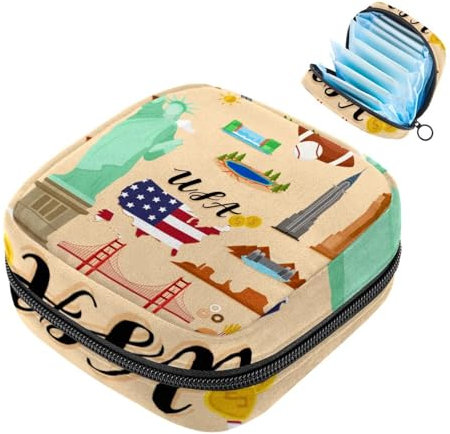 1 x Damenbinden-Aufbewahrungstasche, großer Damenbinden-Organizer, wiederverwendbar, für Mädchen, Frauen, Damen, 17 x 17 x 12 cm, Reisemuster der Vereinigten Staaten von Amerika, USA