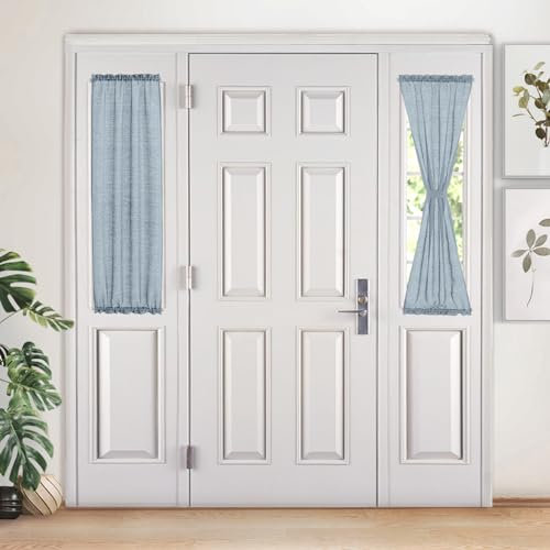 Melodieux Dusty Blue Semi Sheer Sidelight French Door Curtains 40 Inch Length, Linen Look Front Door Voile Drapes Patio Sliding Glass Door, 25 by 40 Inch, 2 Panels