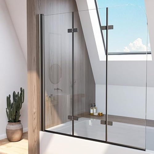 Duschwand für Badewanne Schwarz, Duschwand 140x140 cm 3-teilig faltbar Duschtrennwand Badewannenaufsatz Duschabtrennung für Badewanne, 6mm ESG Sicherheitsglas, 3 teilig, Schwarz