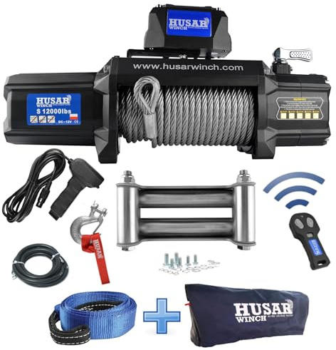 Husar Winch Elektrische Seilwinde 12V, 12000 lbs (5443 kg) mit Drahtseil 25m, drahtlose Steuerung, 3-Stufen-Planetengetriebe - für Abschleppwagen, Geländewagen, Fahrzeuge 4x4